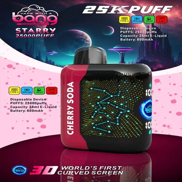 Bang Starry 25000 Puffs Disposable Vape – 3D Curved Screen, 28ml E-Liquid, 800mAh, Type-C, 1.0Ω Mesh - Image 3