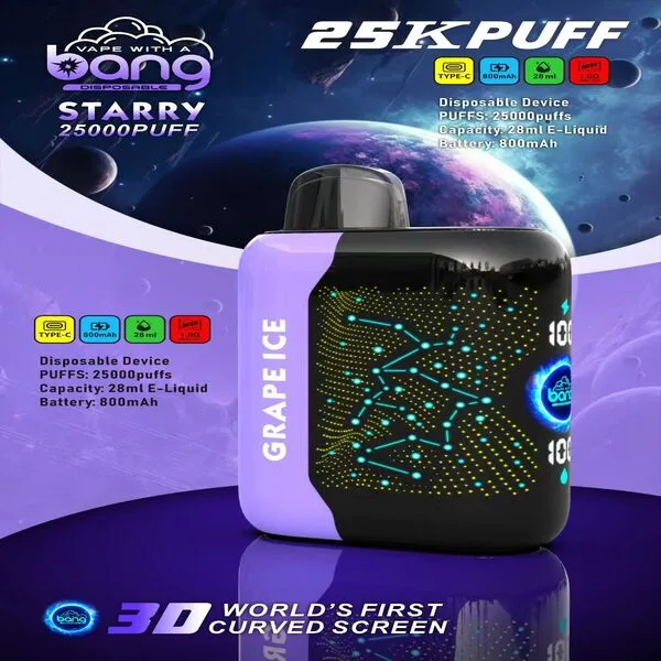 Bang Starry 25000 Puffs Disposable Vape – 3D Curved Screen, 28ml E-Liquid, 800mAh, Type-C, 1.0Ω Mesh - Image 4